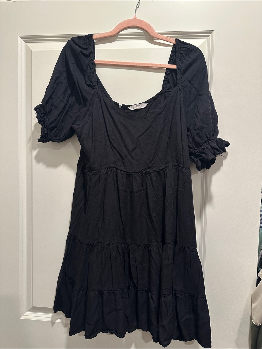 Square-Neck Black Puff Sleeve Tiered Dress